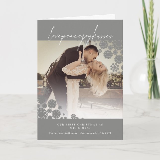 Snowflakes Love Peace Joy Kisses Photo Wedding Holiday Card (Front)