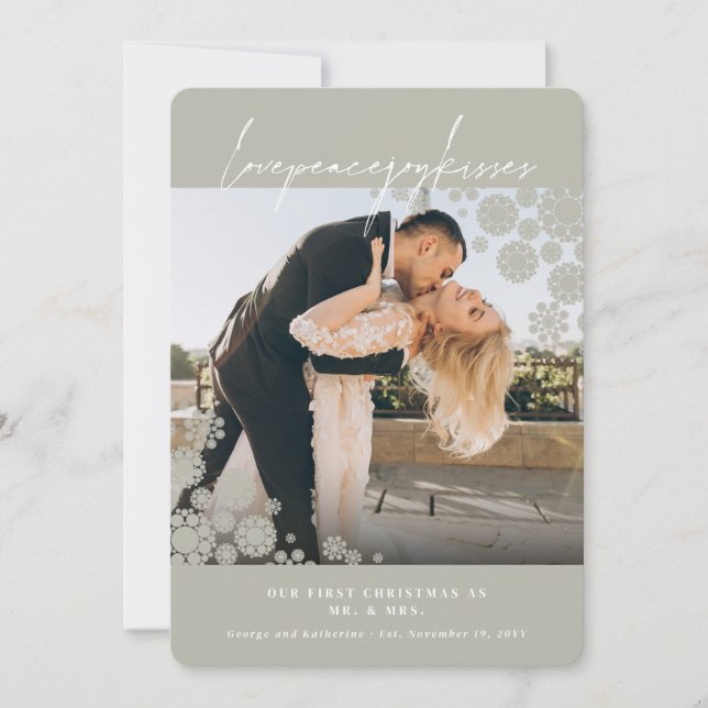 Snowflakes Love Peace Joy Kisses Photo Wedding Holiday Card (Front)