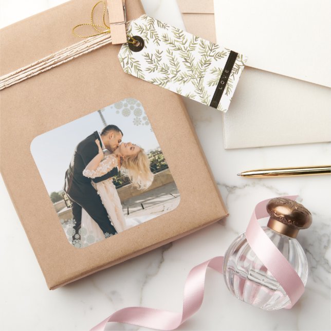 Snowflakes Love Peace Joy Kisses Photo Wedding Square Sticker (Gifting)