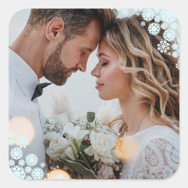 Snowflakes Love Peace Joy Kisses Photo Wedding Square Sticker (Front)