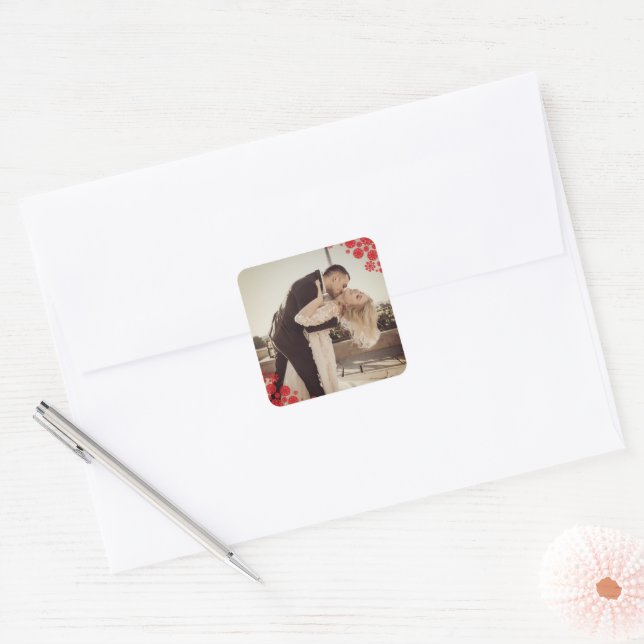 Snowflakes Love Peace Joy Kisses Photo Wedding Square Sticker (Envelope)