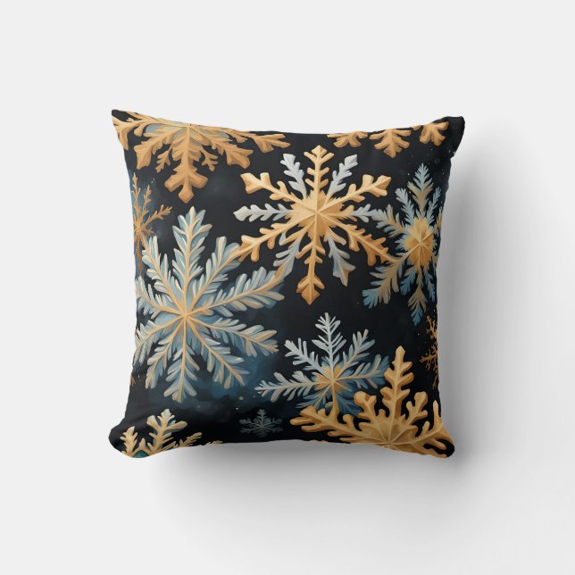  Snowflakes Magic Christmas Black Gold Blue Cushion (Front)