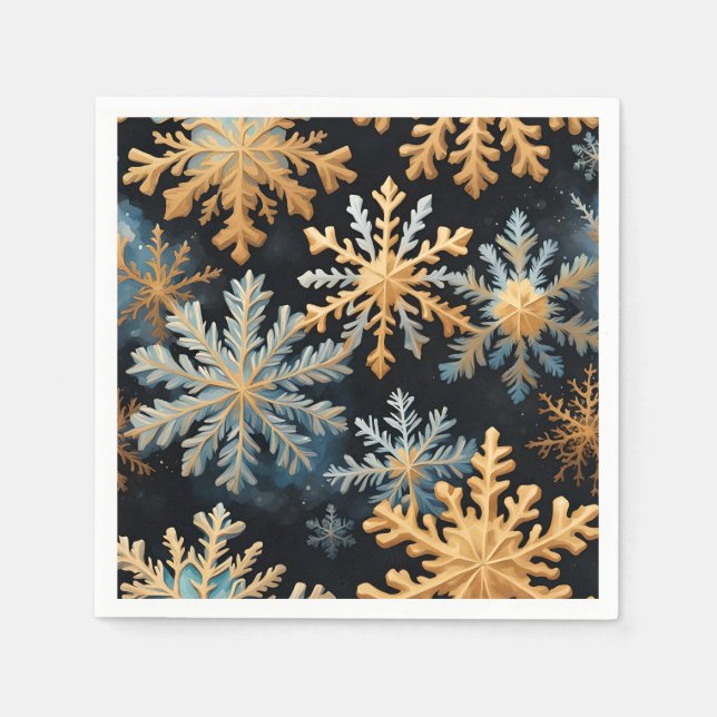  Snowflakes Magic Christmas Black Gold Blue Napkin (Front)