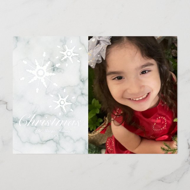 Snowflakes Marble Merry Christmas Photo Pressed   Foil Holiday Card (Front)
