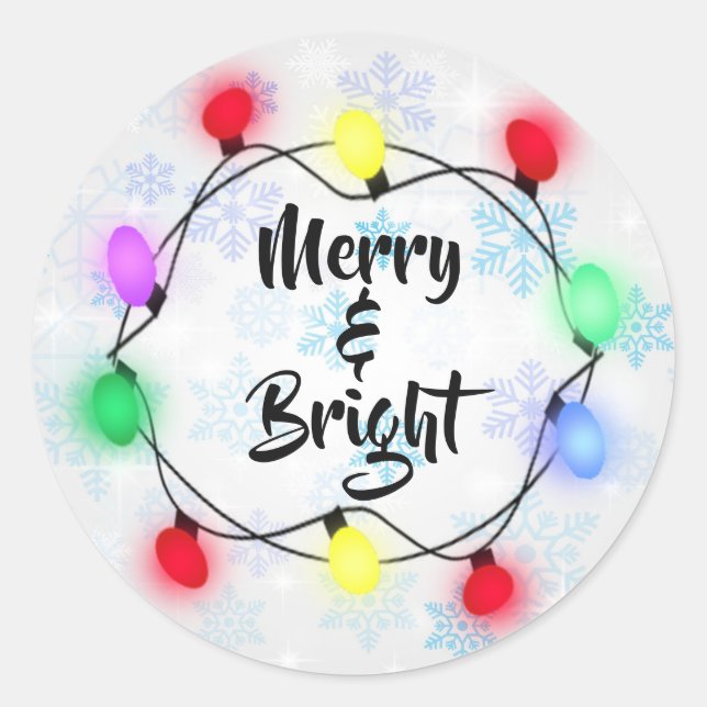 Snowflakes "Merry & Bright" Holiday Christmas Classic Round Sticker (Front)