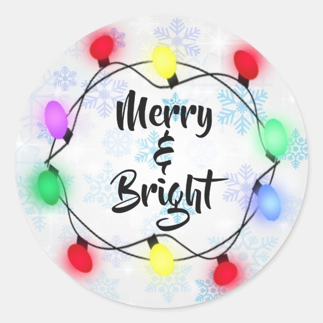 Snowflakes "Merry & Bright" Holiday Christmas Classic Round Sticker (Front)