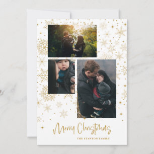 Snowflakes Merry Christmas Photo Family Gold Card