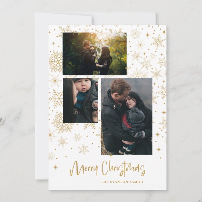 Snowflakes Merry Christmas Photo Family Gold  Card (Front)