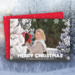 Snowflakes Merry Christmas Photo Holiday Card<br><div class="desc">White snowflakes border your favourite photo with your names and greeting in chic lettering. *CHANGE THE COLOR on the back of the card to match your photo. Select Matte for heaviest paper and High Definition for best photo quality.</div>