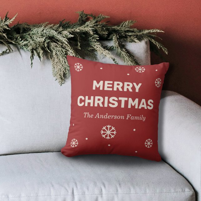 Snowflakes & Merry Christmas Red  Cushion (Snowflakes & Merry Christmas Red Pillow)