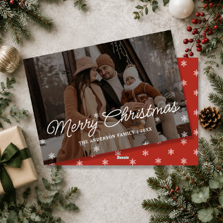 Snowflakes Merry Christmas Script Elegant Photo Holiday Card