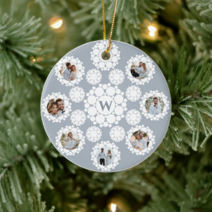 Snowflakes Monogram Married 1st Christmas 8 Photo Ceramic Tree Decoration