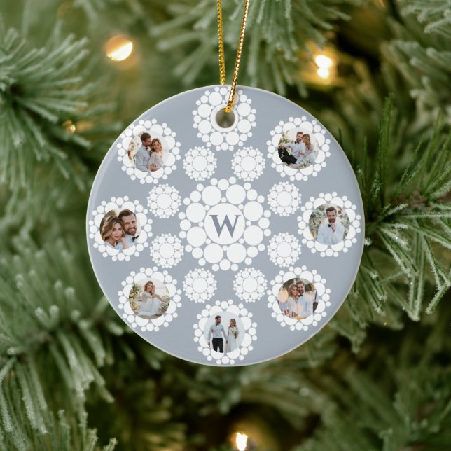 Snowflakes Monogram Married 1st Christmas 8 Photo Ceramic Tree Decoration (Tree)