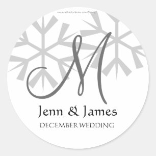 Snowflakes Monogram Wedding Save the Date Classic Round Sticker