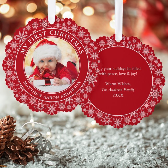 Snowflakes My First Christmas Photo Red Tree Decoration Card (A greeting card that is also an ornament! Customize with your photo and personalized text.)