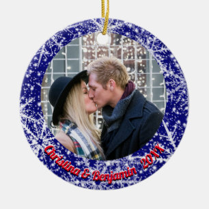 Snowflakes, name, Year's #, 2 Photos Ceramic Tree Decoration