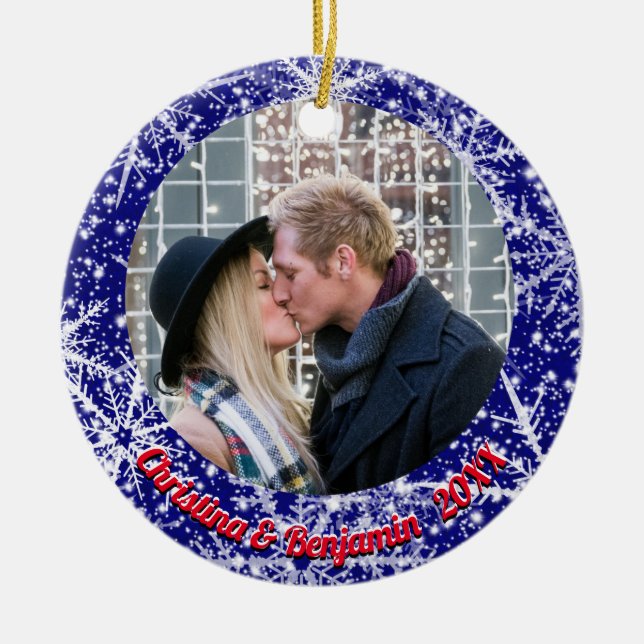 Snowflakes, name, Year's #, 2 Photos Ceramic Tree Decoration (Front)