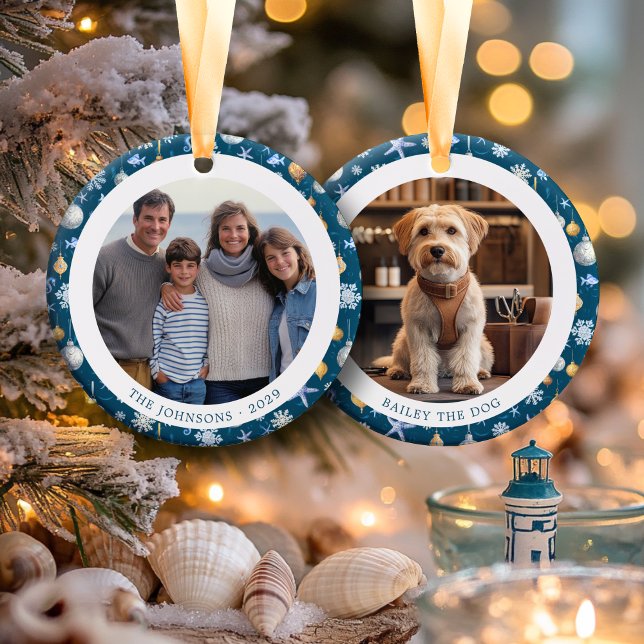 Snowflakes & Nautical Family Christmas 2 Photos Ceramic Tree Decoration (Snowflakes & Nautical Family Christmas 2 Photos Ceramic Ornament)