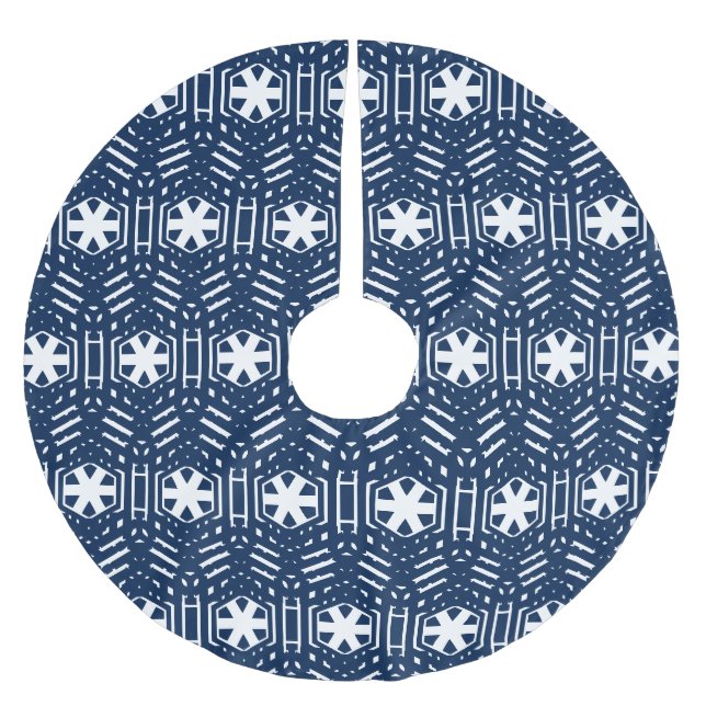 Snowflakes navy blue and white pattern Christmas Brushed Polyester Tree Skirt (Front)