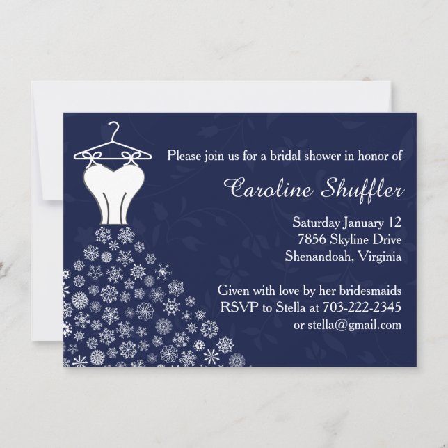 Snowflakes Navy Blue Wedding Dress Bridal Shower Invitation (Front)