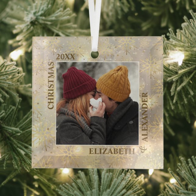 Snowflakes Newlywed Photo Glass Tree Decoration (Insitu)
