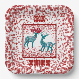 Snowflakes Nordic Merry Christmas Reindeer Scandia Paper Plate