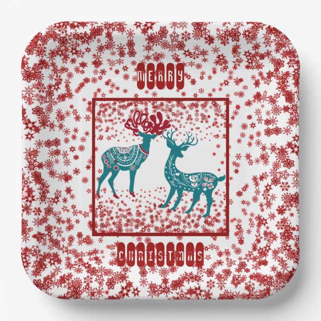 Snowflakes Nordic Merry Christmas Reindeer Scandia Paper Plate (Front)