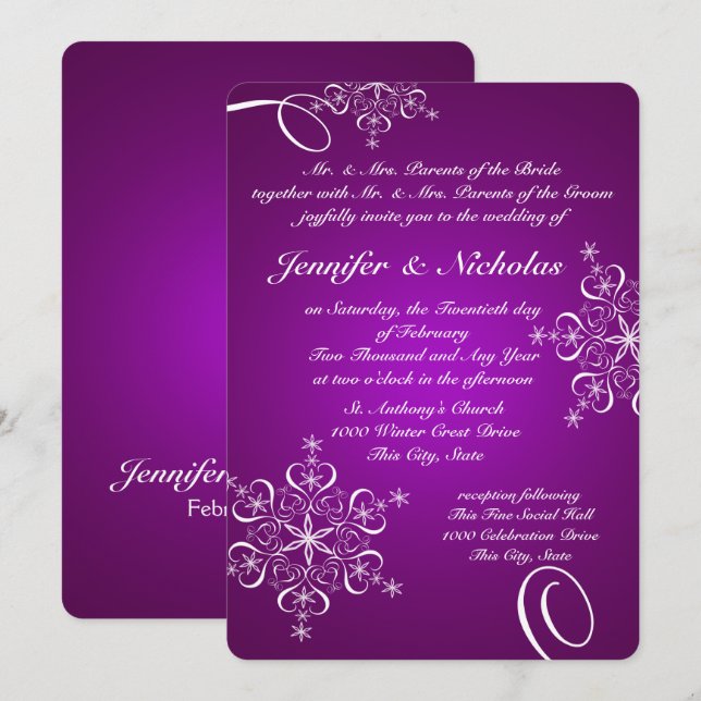 Snowflakes of Love Winter Wedding Purple Invitation (Front/Back)