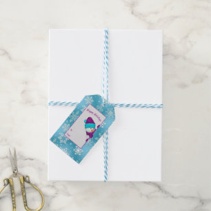 snowflakes on aqua with snowman gift tags