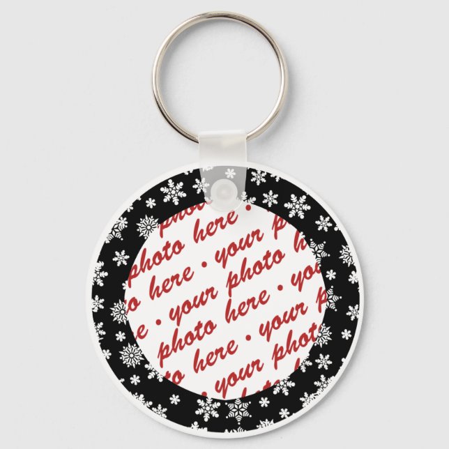 Snowflakes on Black Background Photo Frame Key Ring (Front)
