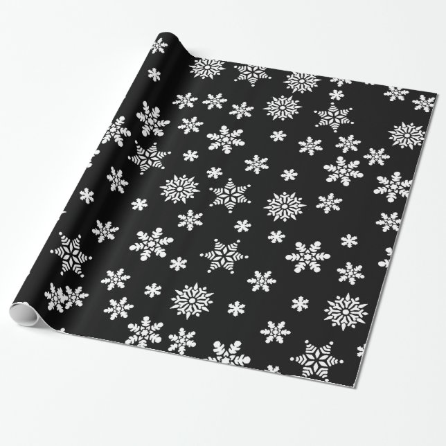 Snowflakes on Black Background Wrapping Paper (Unrolled)
