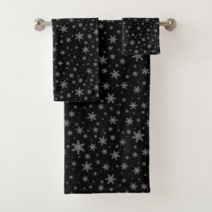 Snowflakes on Black Bath Towel Set