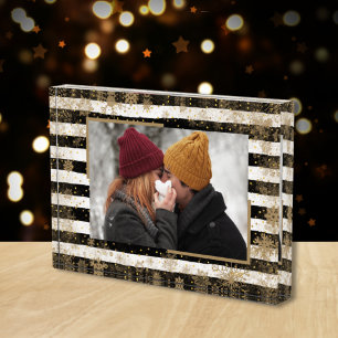 Snowflakes on Black White Stripes Gold Dots Custom Photo Block