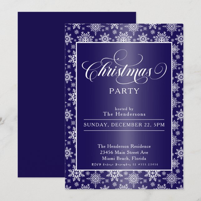 Snowflakes on Blue Christmas Party Invitation (Front/Back)