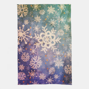 Snowflakes on Blue Denim Tie-dye Kitchen Tea Towel