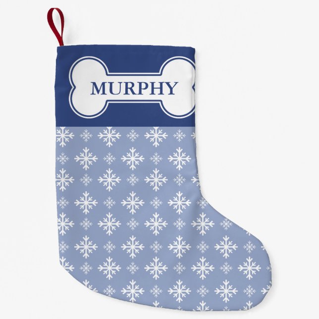 Snowflakes On Blue & Dog Bone With Pet's Name Small Christmas Stocking (Front)