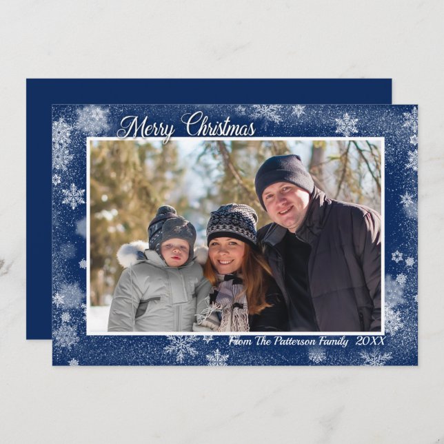 Snowflakes on Blue Merry Christmas Photo Card (Front/Back)