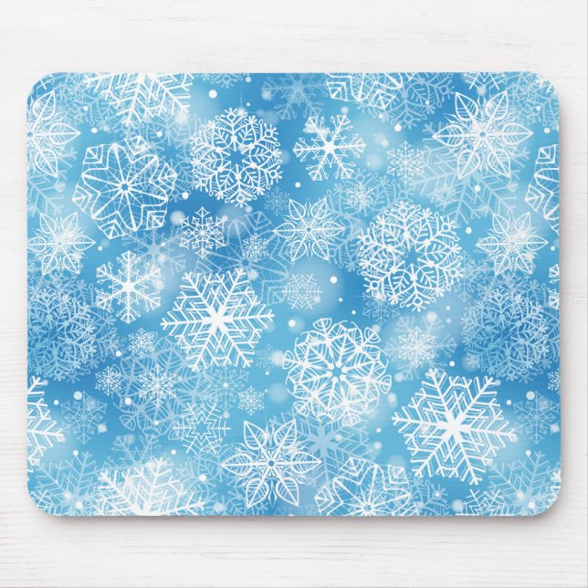 Snowflakes on blue mouse mat (Front)
