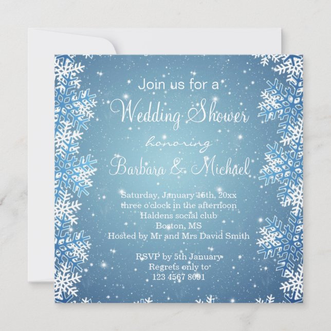 Snowflakes on blue snowy background Wedding Shower Invitation (Front)
