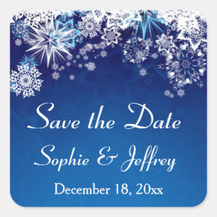 Snowflakes on blue Wedding Save the Date Square Sticker