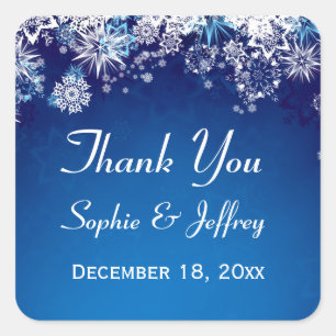 Snowflakes on blue Wedding Thank You Square Sticker
