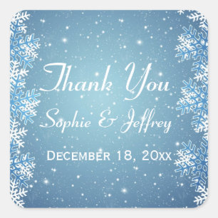 Snowflakes on blue Wedding Thank You Square Sticker