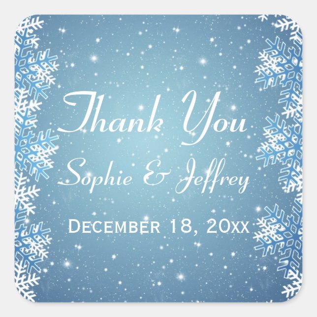 Snowflakes on blue Wedding Thank You Square Sticker (Front)