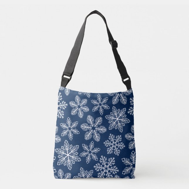 Snowflakes on dark blue crossbody bag (Front)