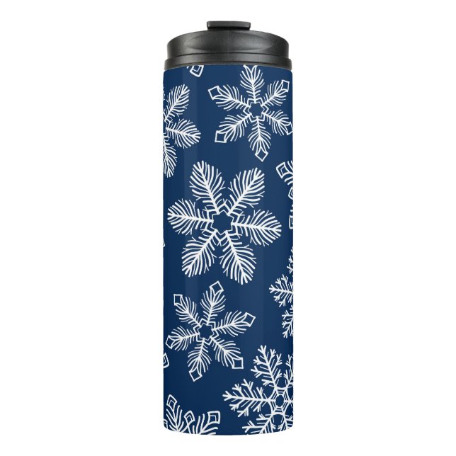 Snowflakes on dark blue thermal tumbler (Front)