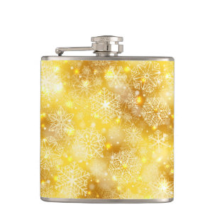 Snowflakes on golden hip flask