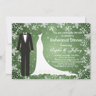 Snowflakes on green Christmas Rehearsal Dinner Invitation