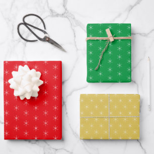 Snowflakes on Green, Golden and Red Wrapping Paper Sheet
