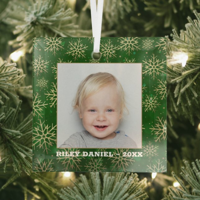 Snowflakes on Green Photo Glass Tree Decoration (Insitu)