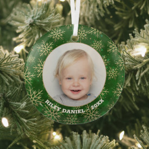 Snowflakes on Green Photo Glass Tree Decoration